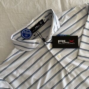 NWT RLX Ralph Lauren Mens Small White Blue Black Stripe Performance Polo Shirt
